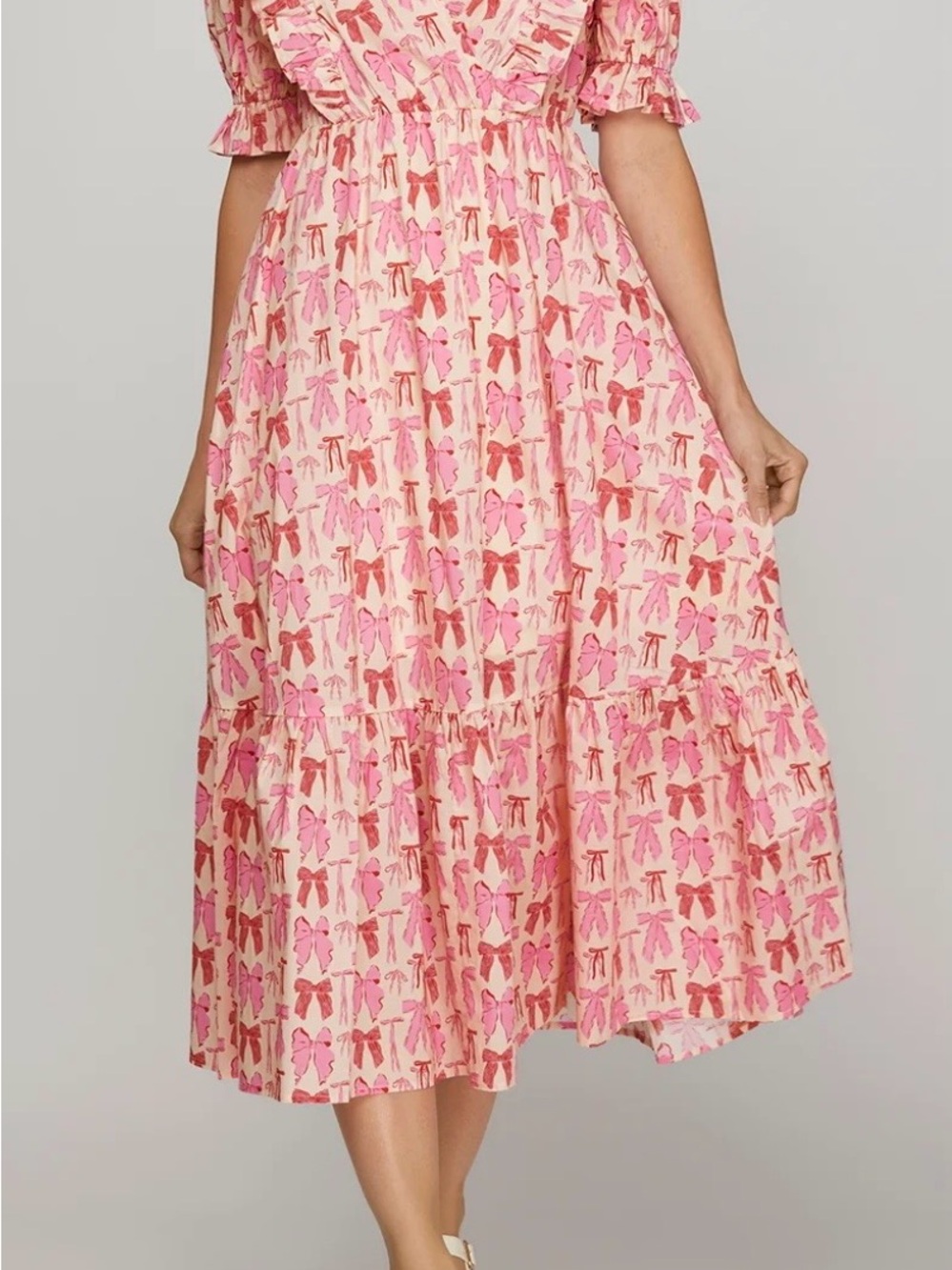 Pink Bow-Print Tiered Midi Dress